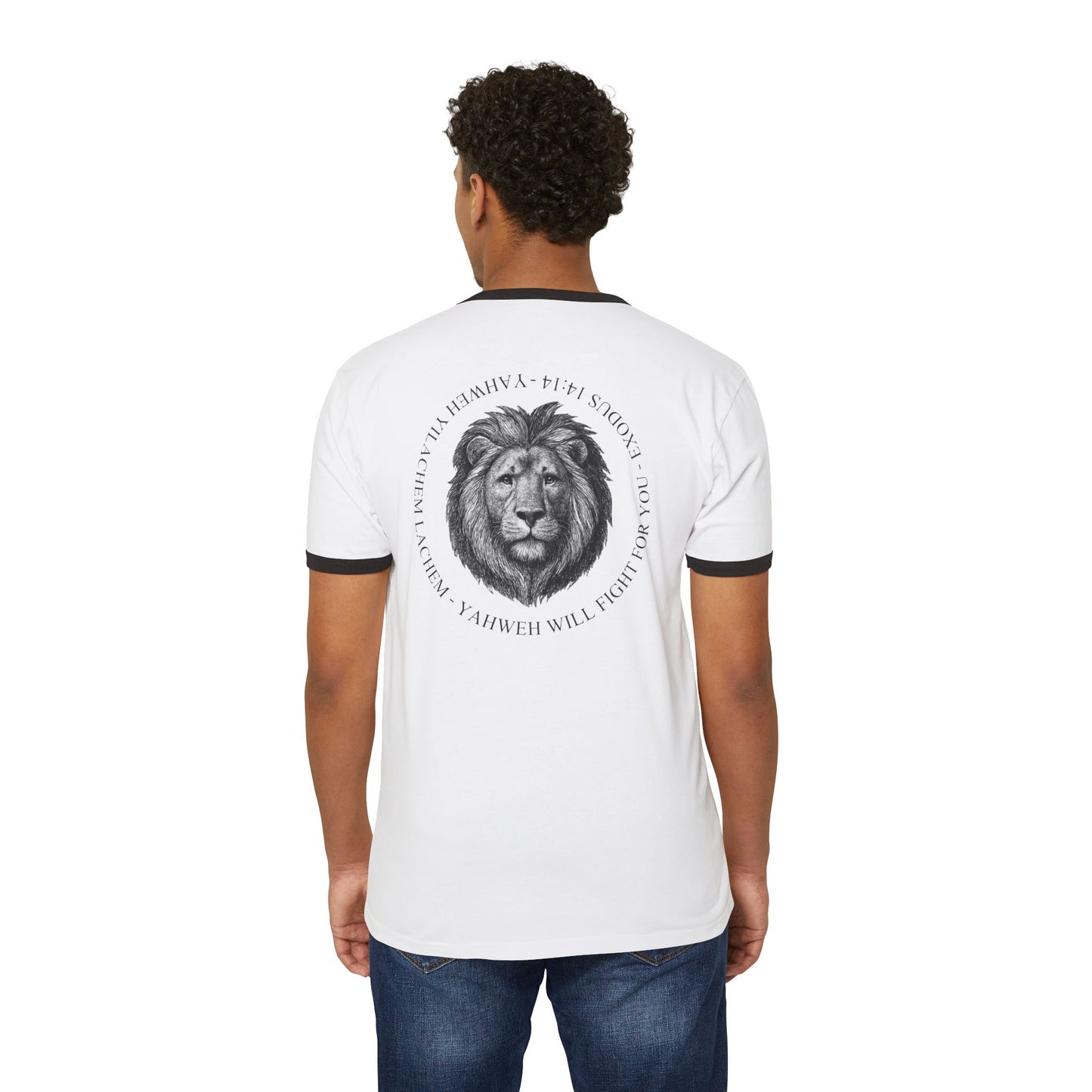 Ringer T-Shirt — Hebrew 'Yahweh Will Fight For You' with Lion Graphic Exodus 14:14