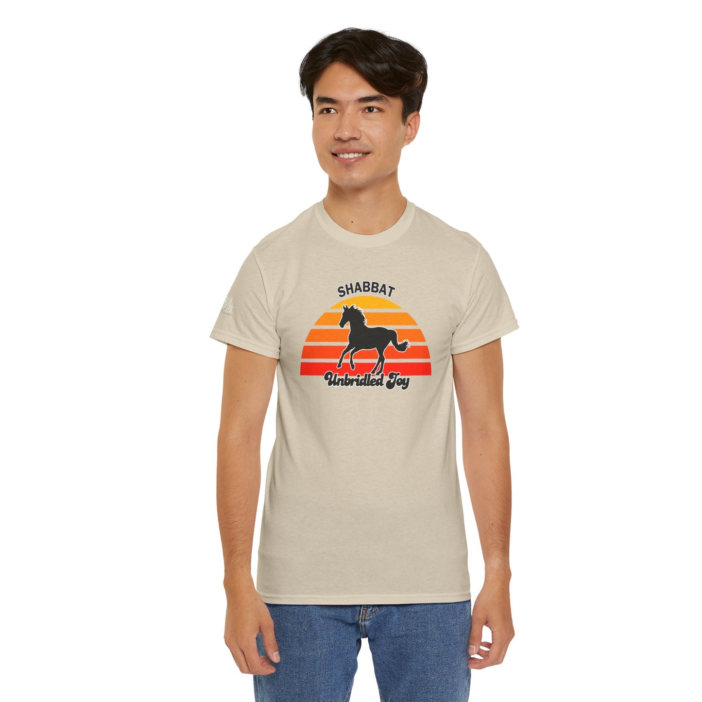 Shabbat Unbridled Joy Tee — Retro Horse Sabbath Sunset T‑Shirt