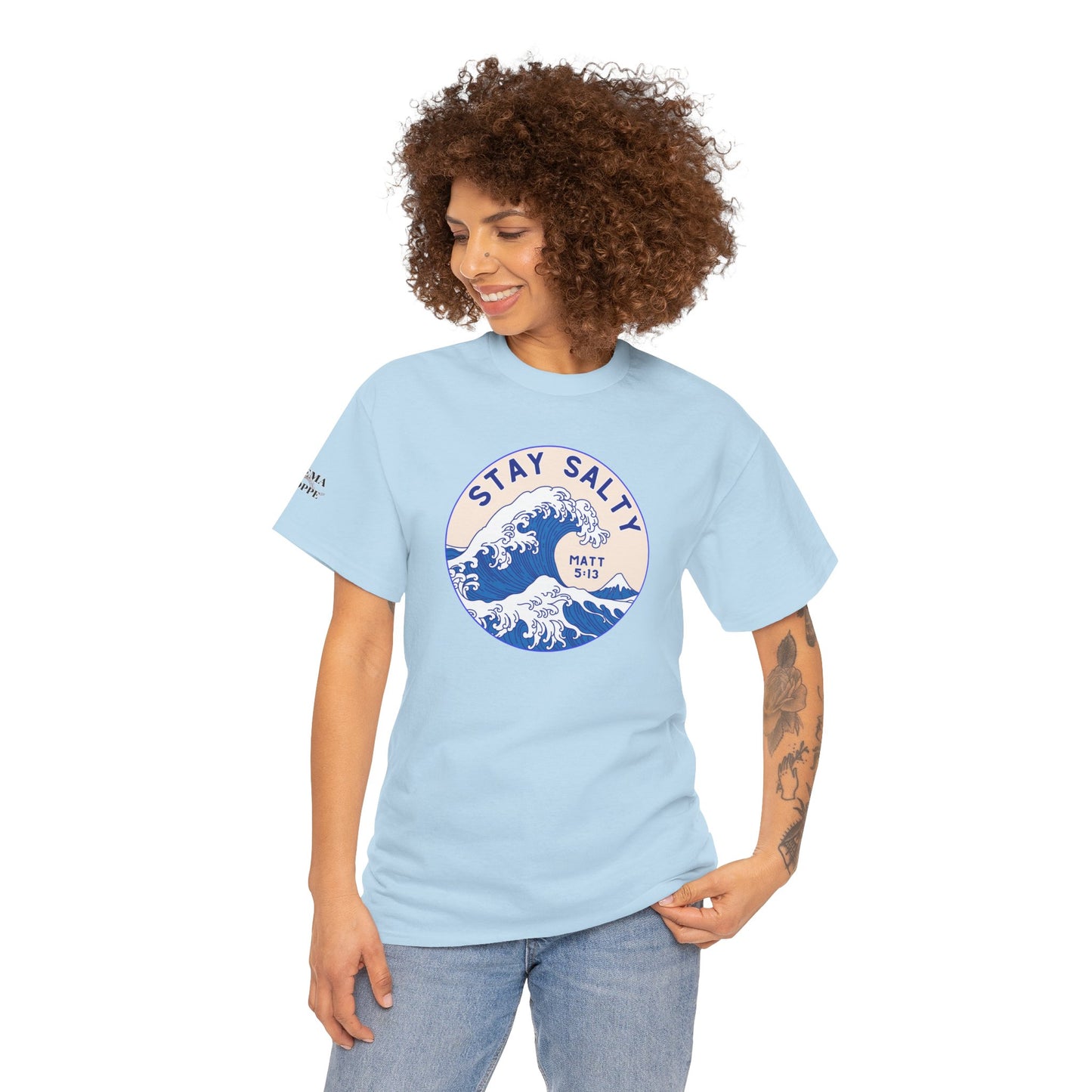 Stay Salty Surf T-Shirt — Coastal Wave Graphic with Matthew 5:13 (Hokusai-Inspired)