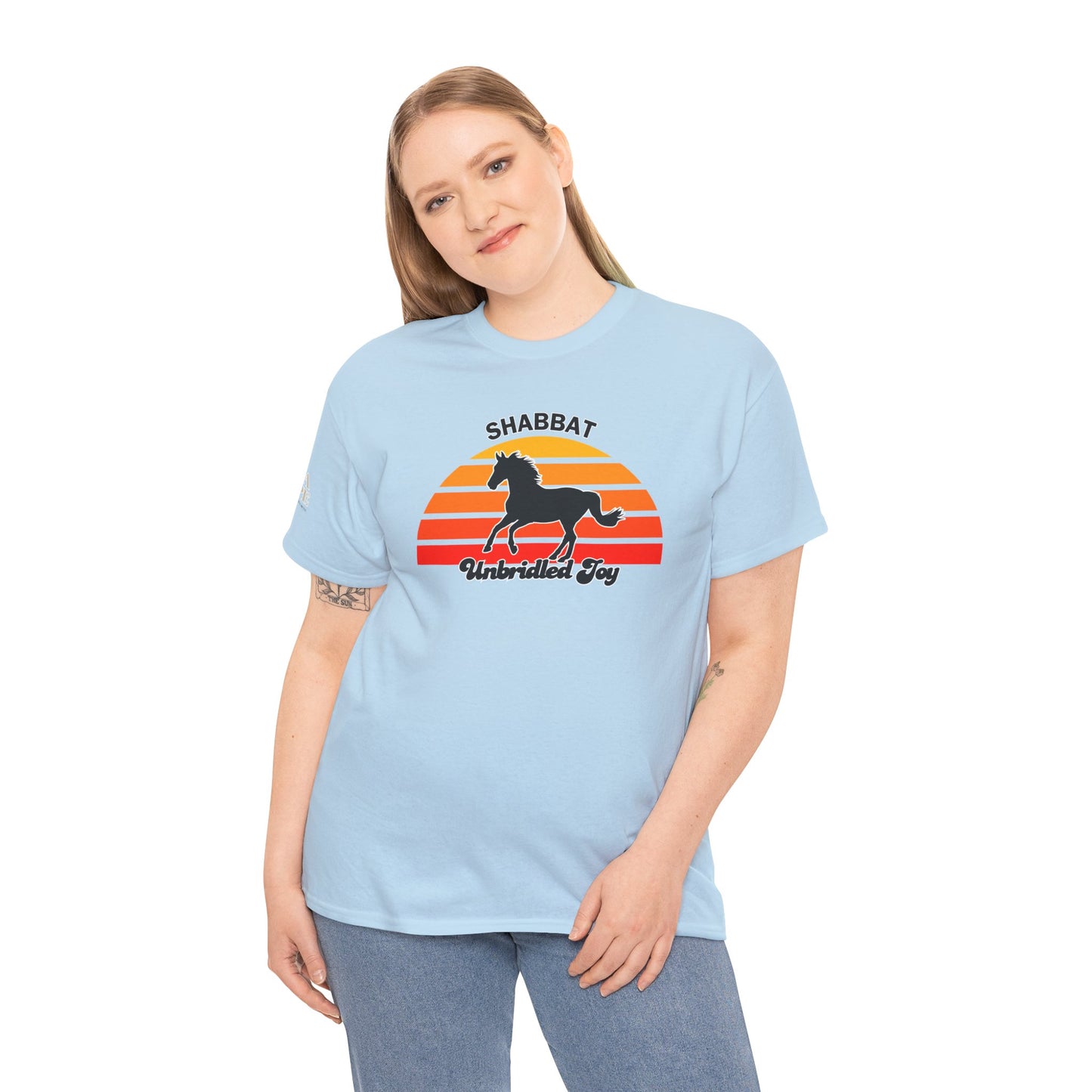 Shabbat Unbridled Joy Tee — Retro Horse Sabbath Sunset T‑Shirt