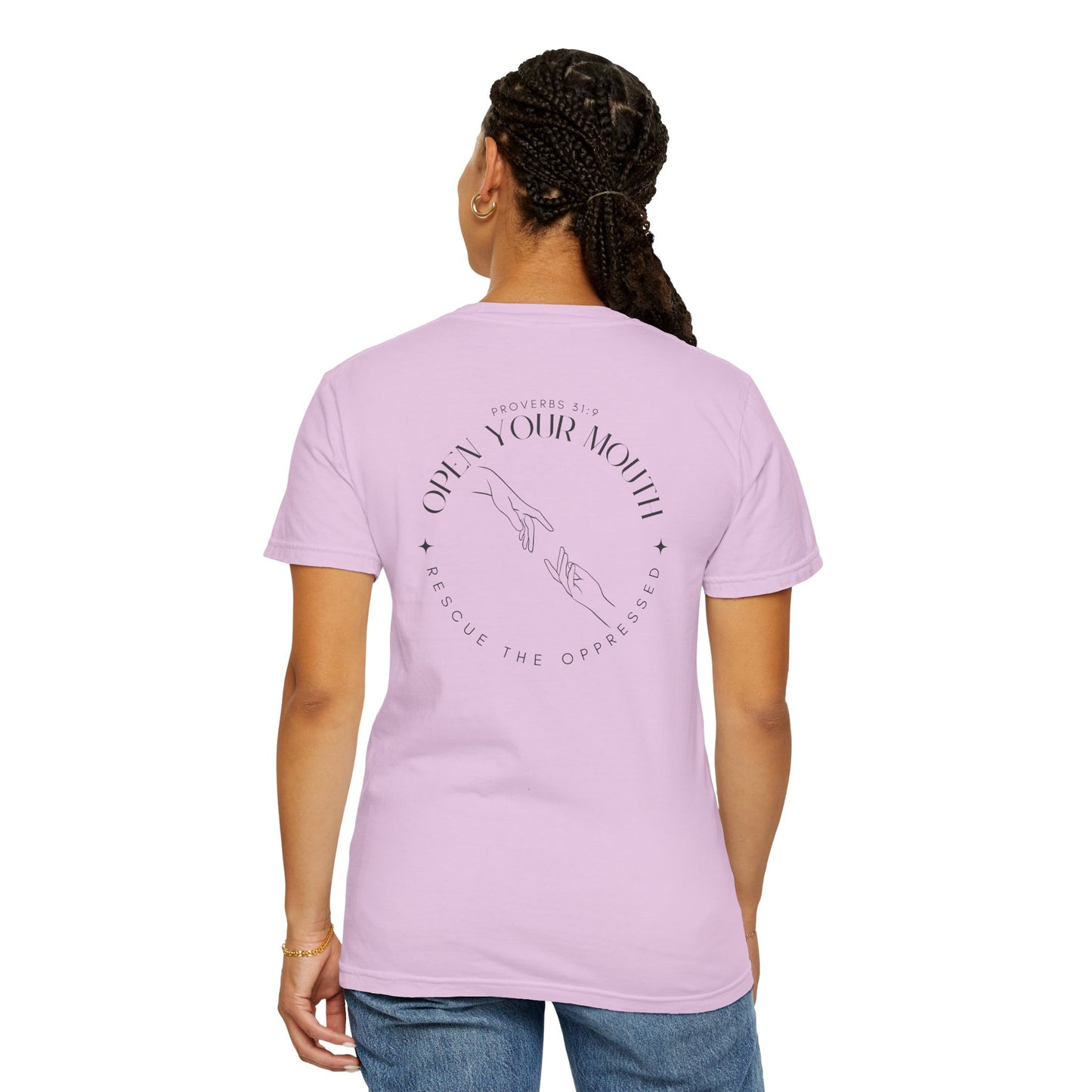 Open your Mouth Garment-Dyed T-Shirt — Rescue the Oppressed Back Print