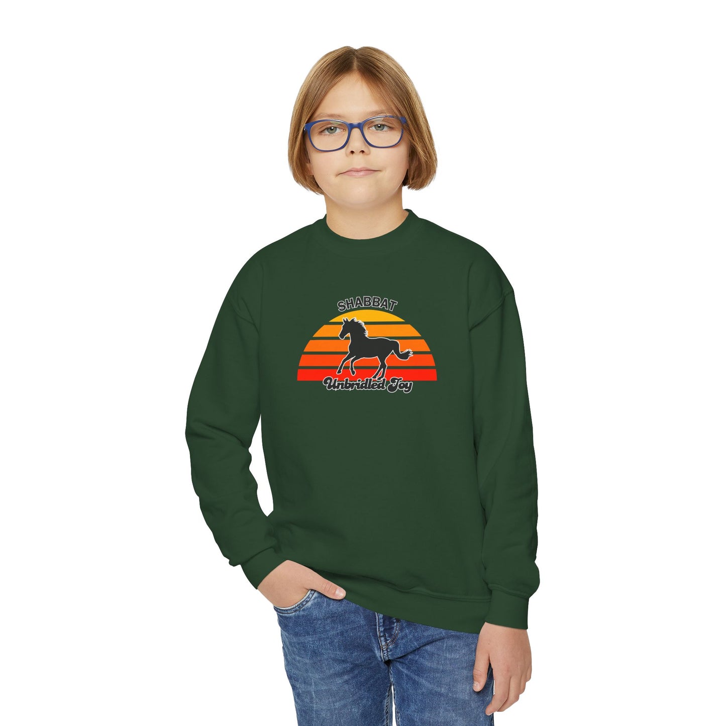 Youth Crewneck Sweatshirt — "Shabbat: Unbridled Joy" Retro Sunset Horse Design