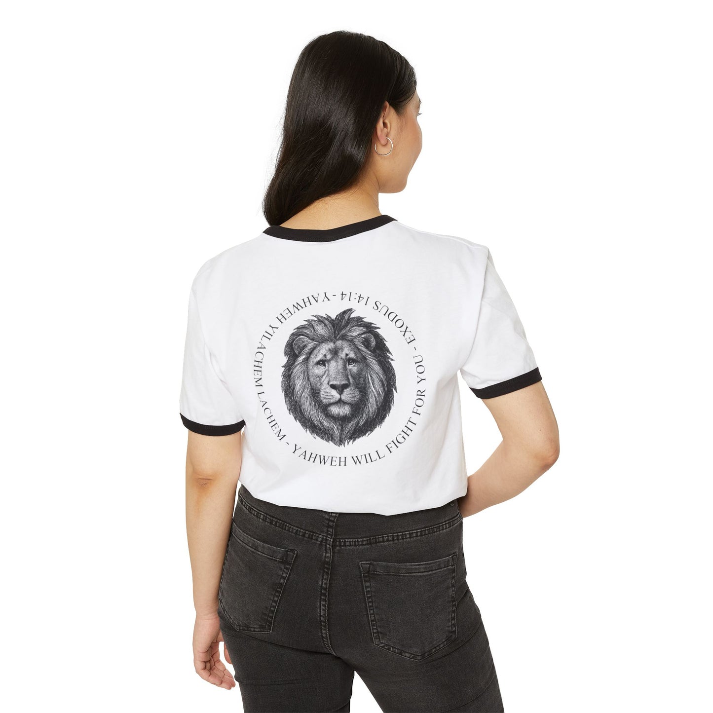 Ringer T-Shirt — Hebrew 'Yahweh Will Fight For You' with Lion Graphic Exodus 14:14