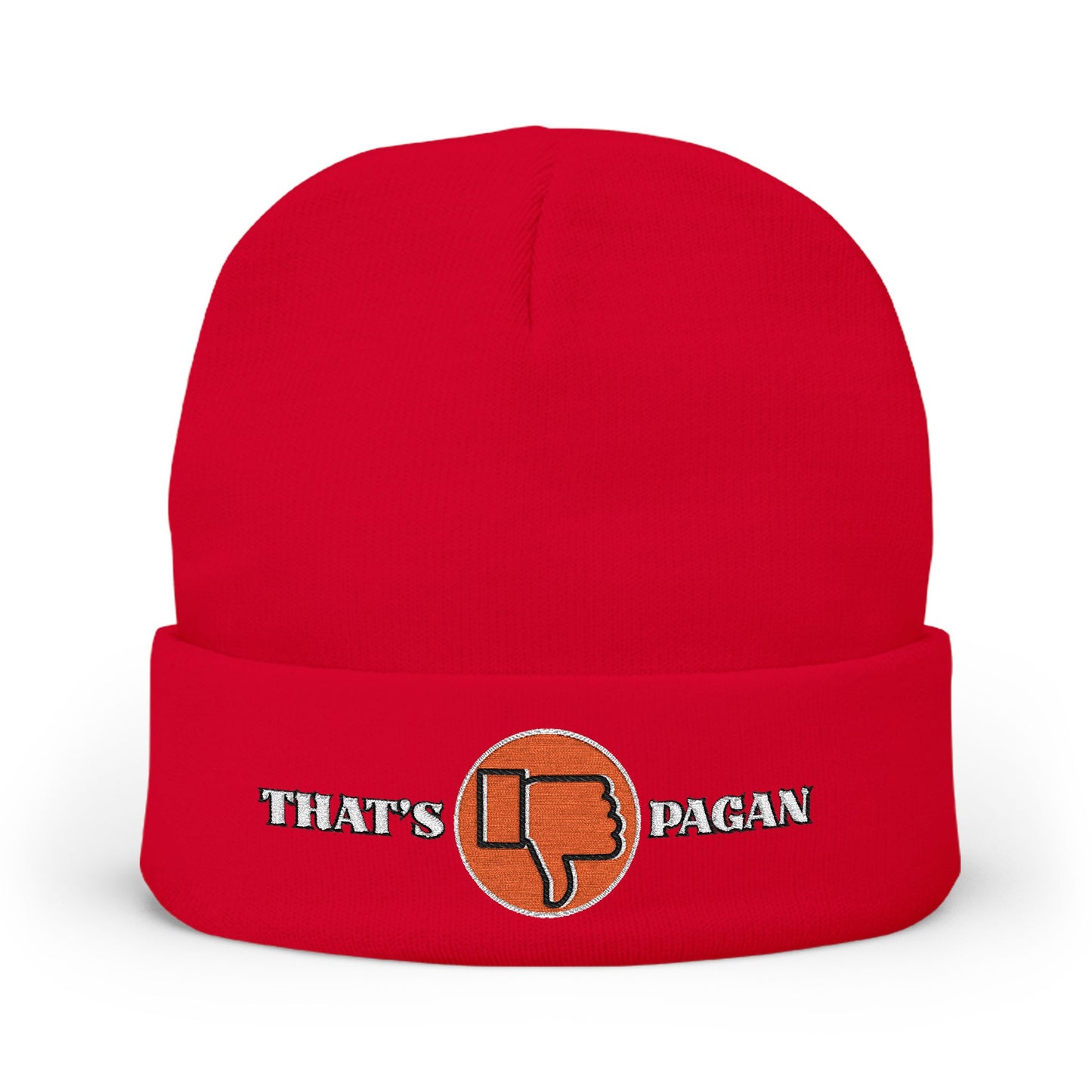Embroidered 'That's Pagan' Knit Beanie — Thumbs Down Logo Winter Hat