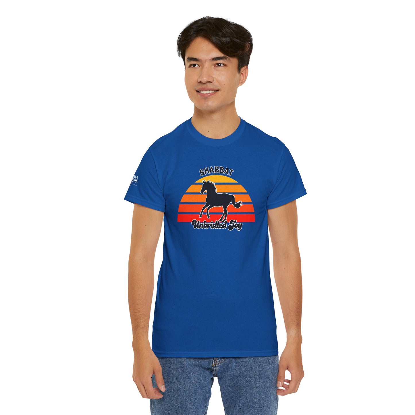 Shabbat Unbridled Joy Tee — Retro Horse Sabbath Sunset T‑Shirt