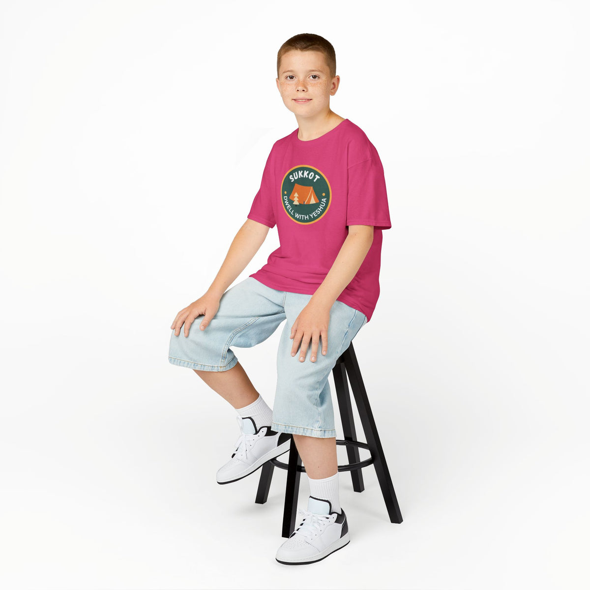 Kids Sukkot Tee — 'Sukkot - Dwell with Yeshua' Camping Badge Shirt