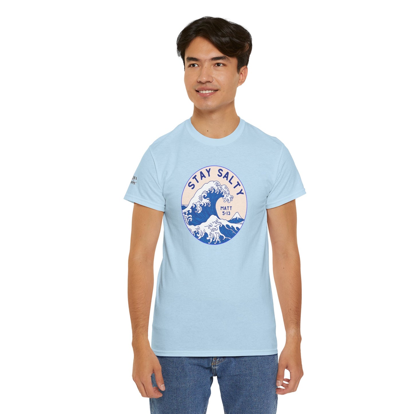 Stay Salty Surf T-Shirt — Coastal Wave Graphic with Matthew 5:13 (Hokusai-Inspired)