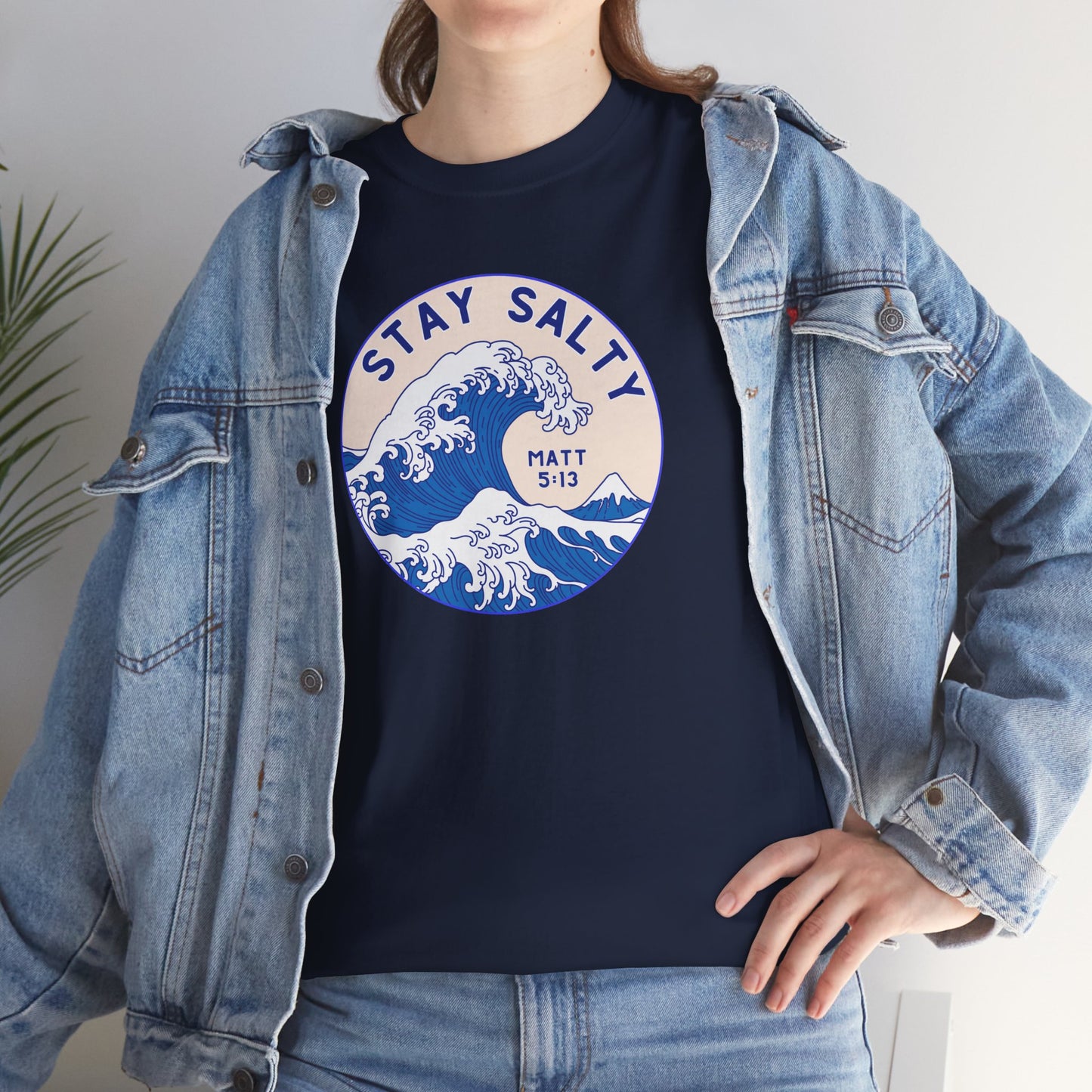Stay Salty Surf T-Shirt — Coastal Wave Graphic with Matthew 5:13 (Hokusai-Inspired)