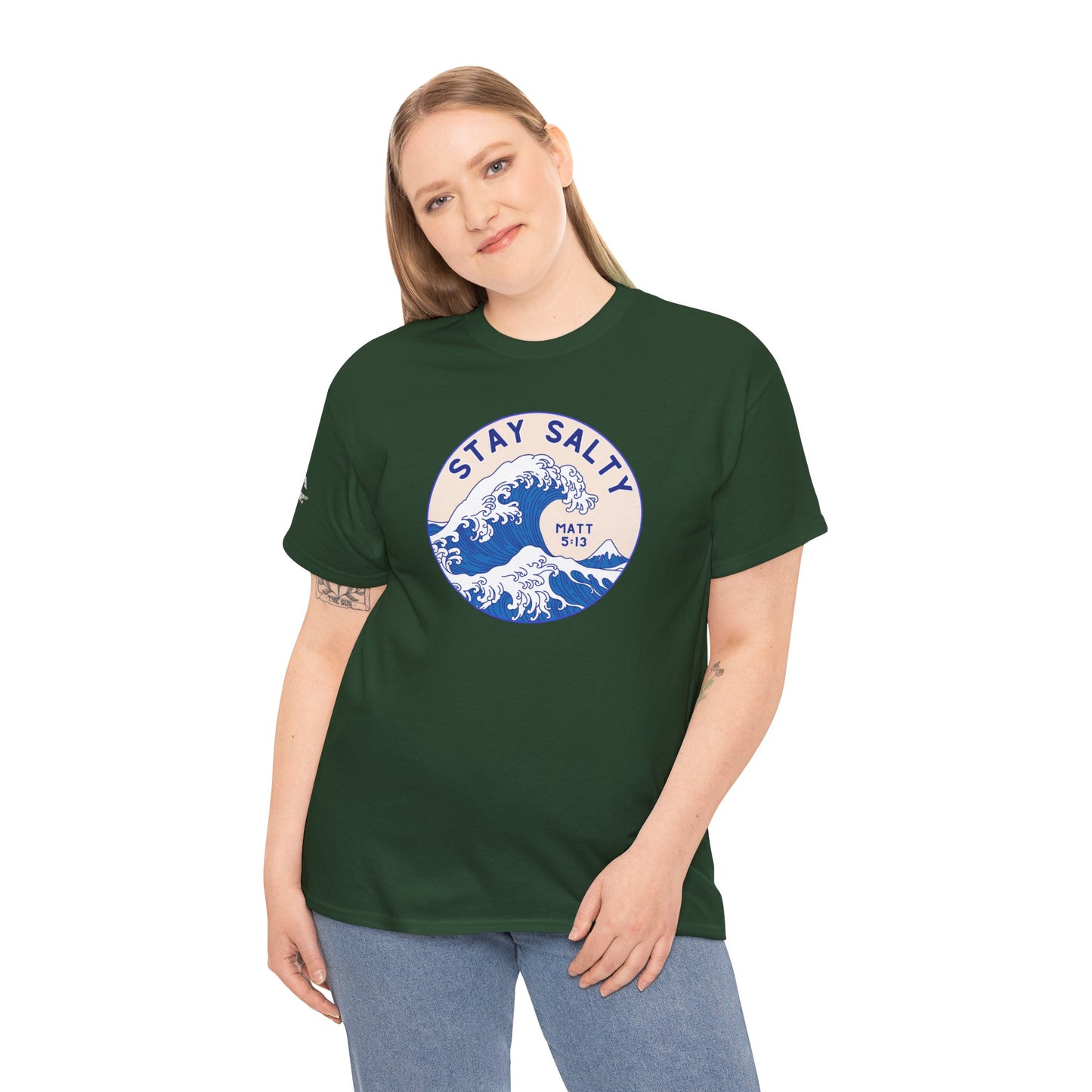 Stay Salty Surf T-Shirt — Coastal Wave Graphic with Matthew 5:13 (Hokusai-Inspired)