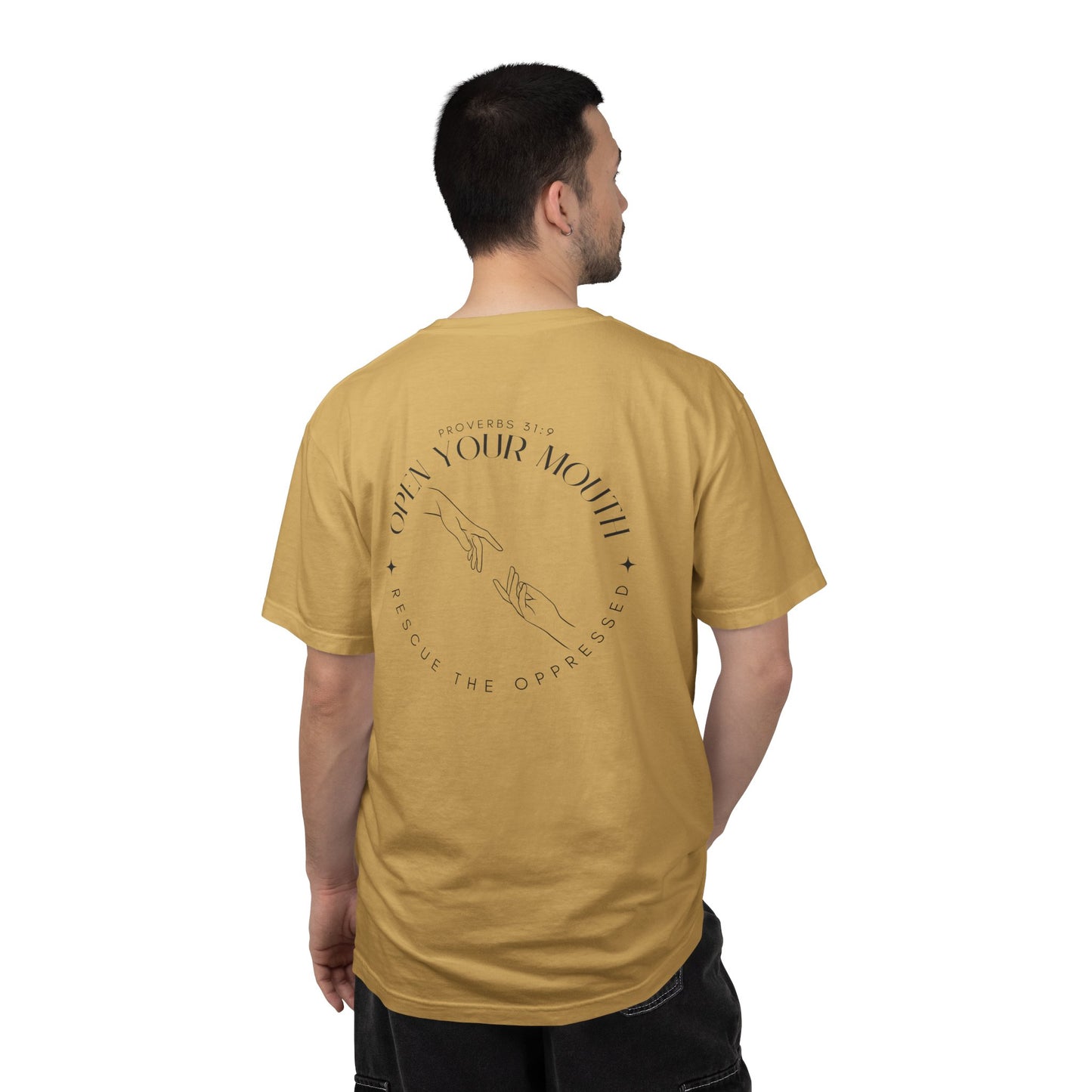 Open your Mouth Garment-Dyed T-Shirt — Rescue the Oppressed Back Print