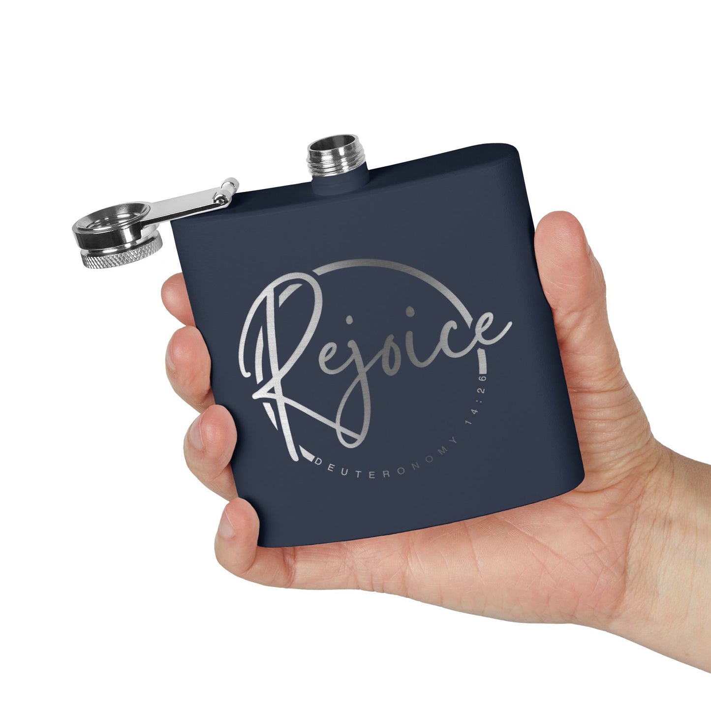 Rejoice Stainless Steel Flask — 6oz Inspirational Biblical Feasts Hip Flask (Deuteronomy 12:7)