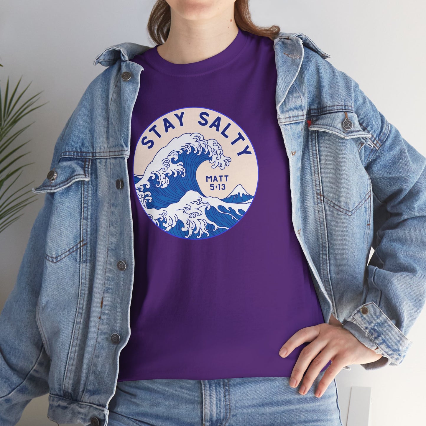 Stay Salty Surf T-Shirt — Coastal Wave Graphic with Matthew 5:13 (Hokusai-Inspired)