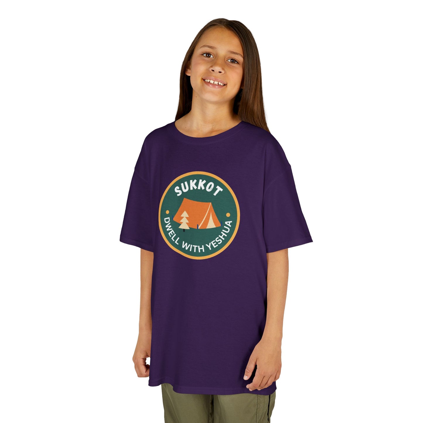 Kids Sukkot Tee — 'Sukkot - Dwell with Yeshua' Camping Badge Shirt