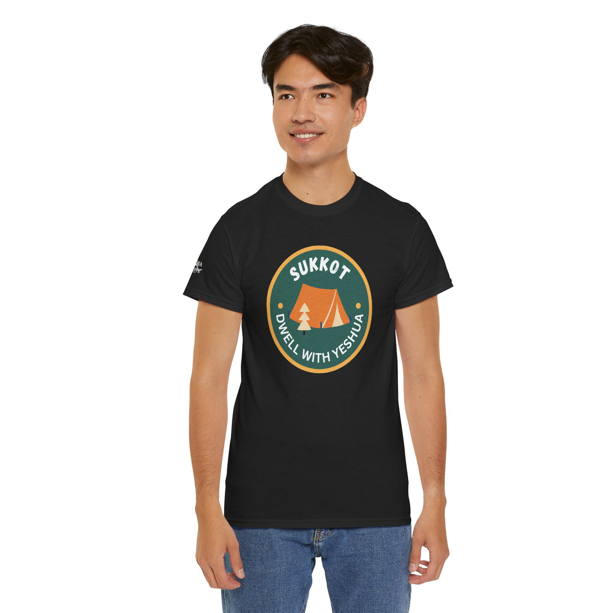 Sukkot Camping Tee — “Dwell With Yeshua” Biblical Feast T‑Shirt