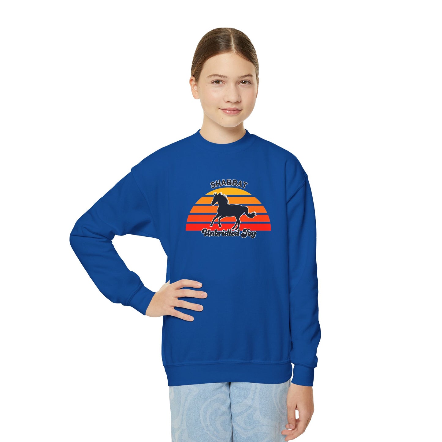 Youth Crewneck Sweatshirt — "Shabbat: Unbridled Joy" Retro Sunset Horse Design