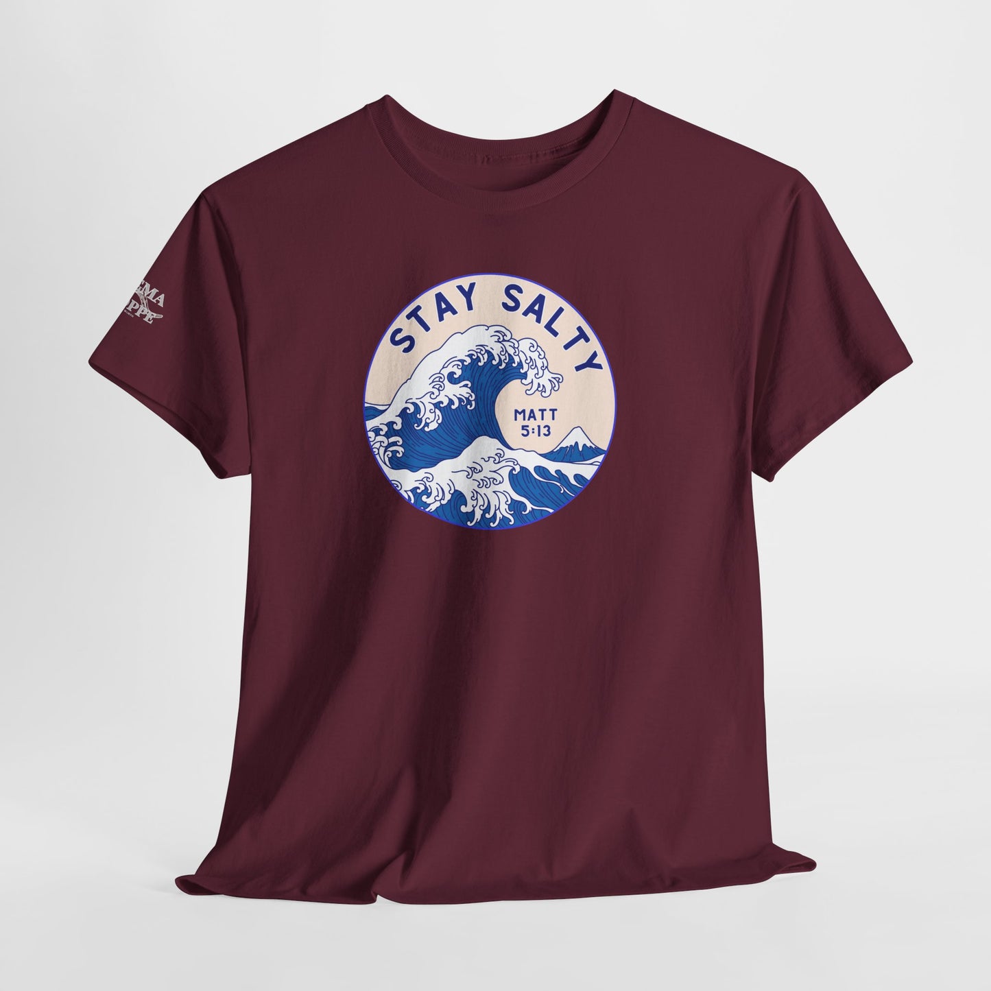 Stay Salty Surf T-Shirt — Coastal Wave Graphic with Matthew 5:13 (Hokusai-Inspired)