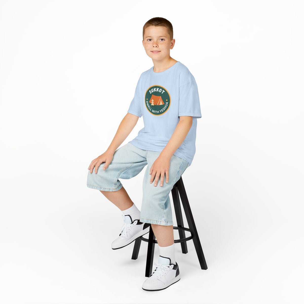 Kids Sukkot Tee — 'Sukkot - Dwell with Yeshua' Camping Badge Shirt