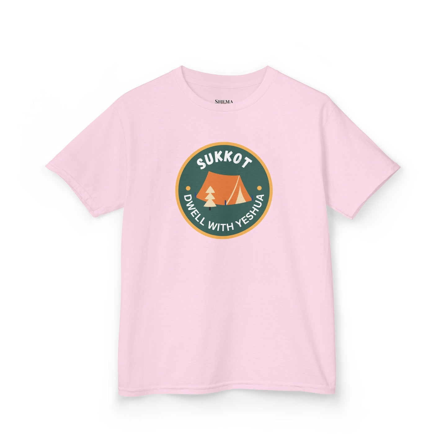 Kids Sukkot Tee — 'Sukkot - Dwell with Yeshua' Camping Badge Shirt