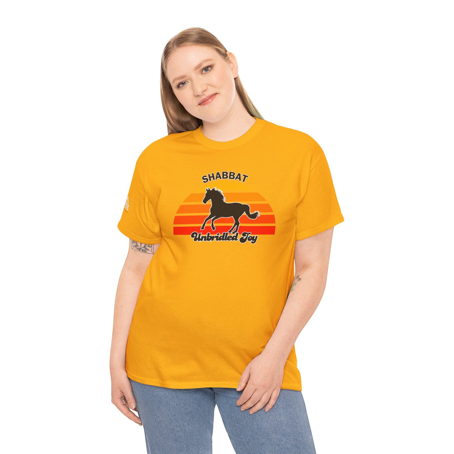Shabbat Unbridled Joy Tee — Retro Horse Sabbath Sunset T‑Shirt